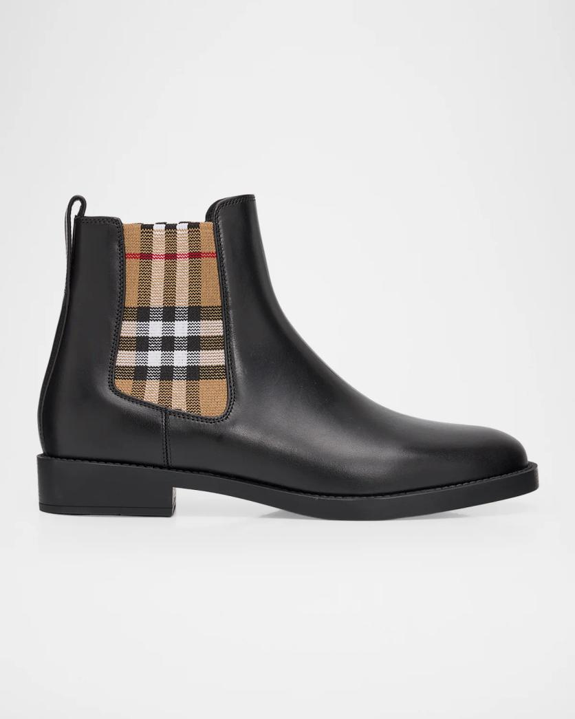 Burberry Check Leather Chelsea Boots in Black(Clearance)