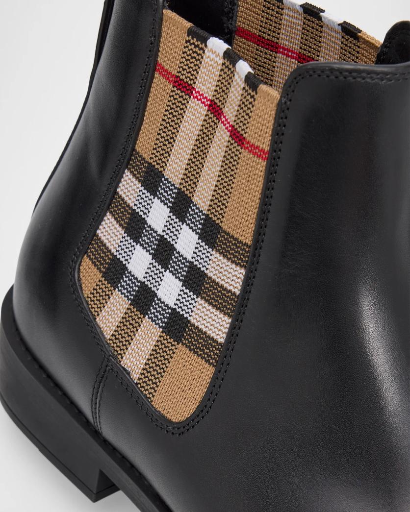 Burberry Check Leather Chelsea Boots in Black(Clearance)