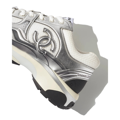 Chanel Silver & White Runner Sneakers — CC Logo Low-Top Sneakers | Clearance