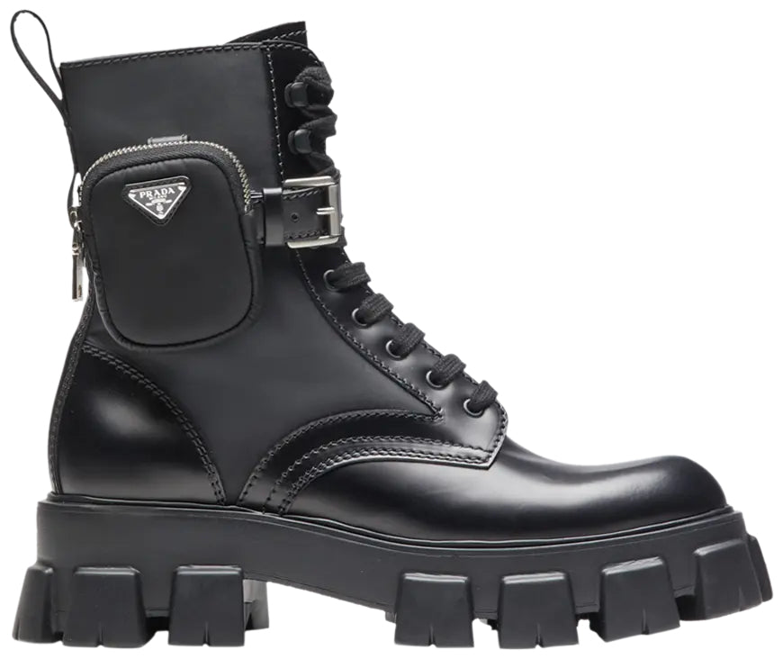 Prada Monolith Brushed Leather Combat Boot Black – Luxury Lace-Up Boots with Detachable Pouch (Clearance)