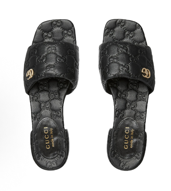 Gucci Black GG Monogram Flat Slide Sandals with Gold-Tone Double G (Clearance Sale)