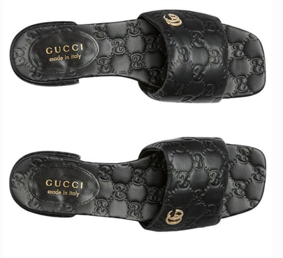 Gucci Black GG Monogram Flat Slide Sandals with Gold-Tone Double G (Clearance Sale)