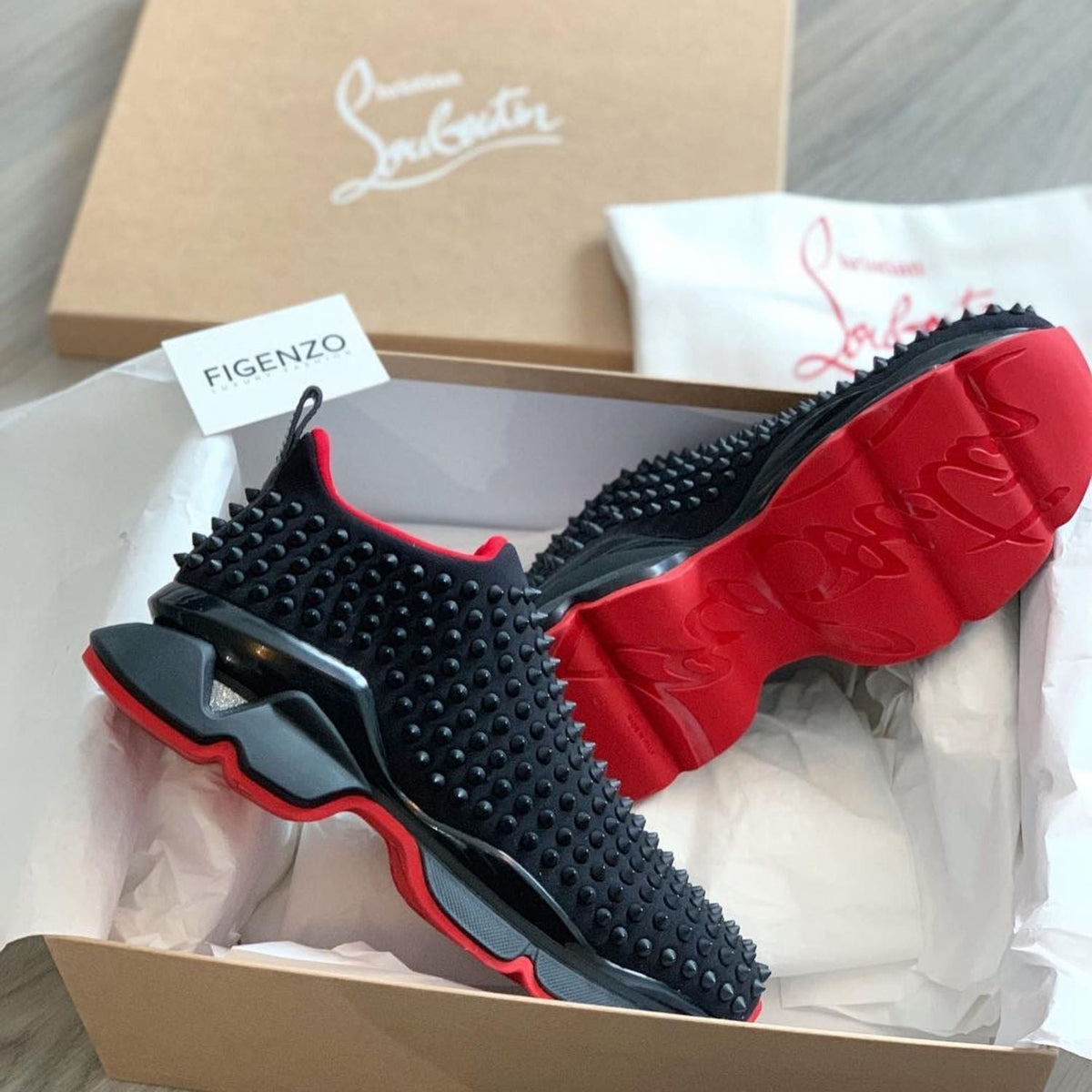 Christian Louboutin Black & Red Spiked Chunky Sneakers (Clearance Sale)