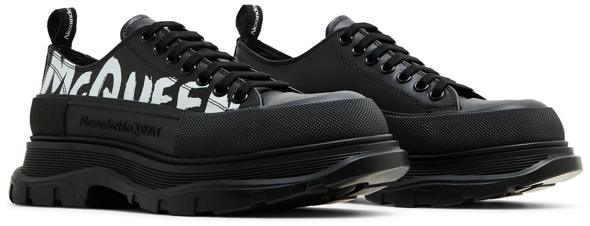 Alexander McQueen Tread Slick Graffiti Logo Black & White Low-Top Sneakers (Clearance Sale)