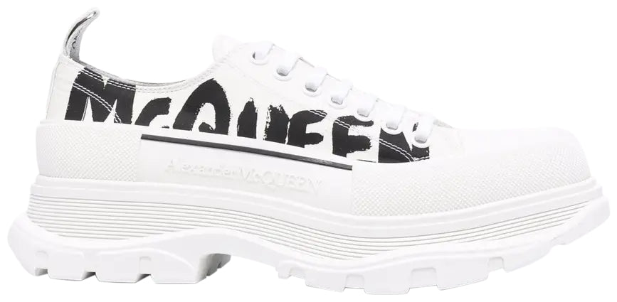 Alexander McQueen Tread Slick Graffiti Logo Black & White Low-Top Sneakers (Clearance Sale)