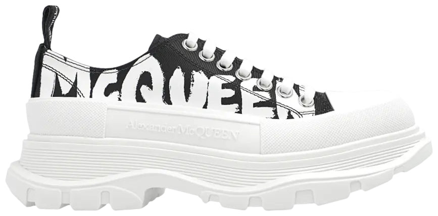 Alexander McQueen Tread Slick Graffiti Logo Black & White Low-Top Sneakers (Clearance Sale)