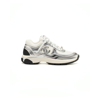 Chanel Silver & White Runner Sneakers — CC Logo Low-Top Sneakers | Clearance