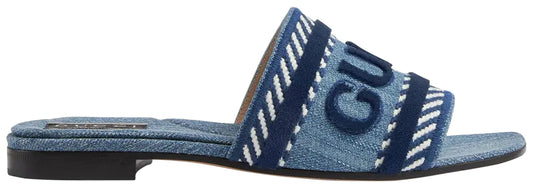 Gucci Denim Blue Logo Flat Slide Sandals with Contrast Trim (Clearance Sale)