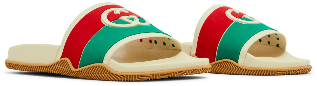 Gucci Cream & Red-Green Stripe Slide Sandals (Clearance Sale)