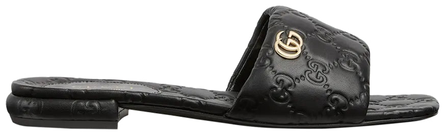 Gucci Black GG Monogram Flat Slide Sandals with Gold-Tone Double G (Clearance Sale)