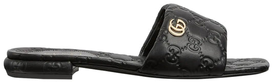 Gucci Black GG Monogram Flat Slide Sandals with Gold-Tone Double G (Clearance Sale)