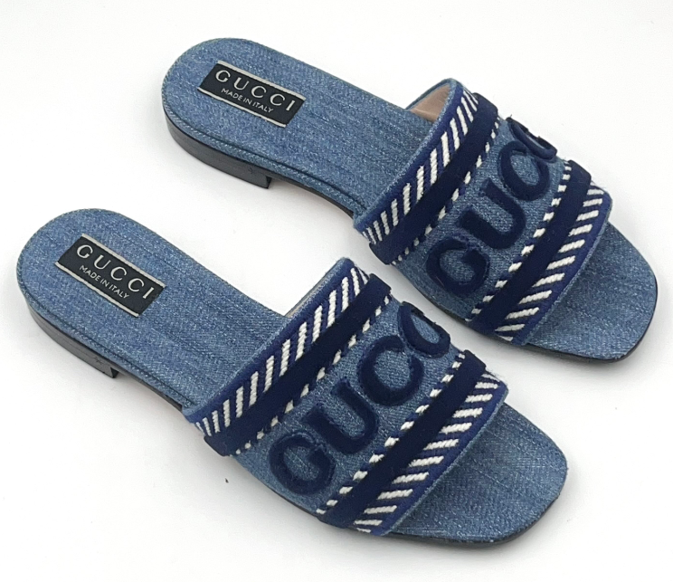 Gucci Denim Blue Logo Flat Slide Sandals with Contrast Trim (Clearance Sale)