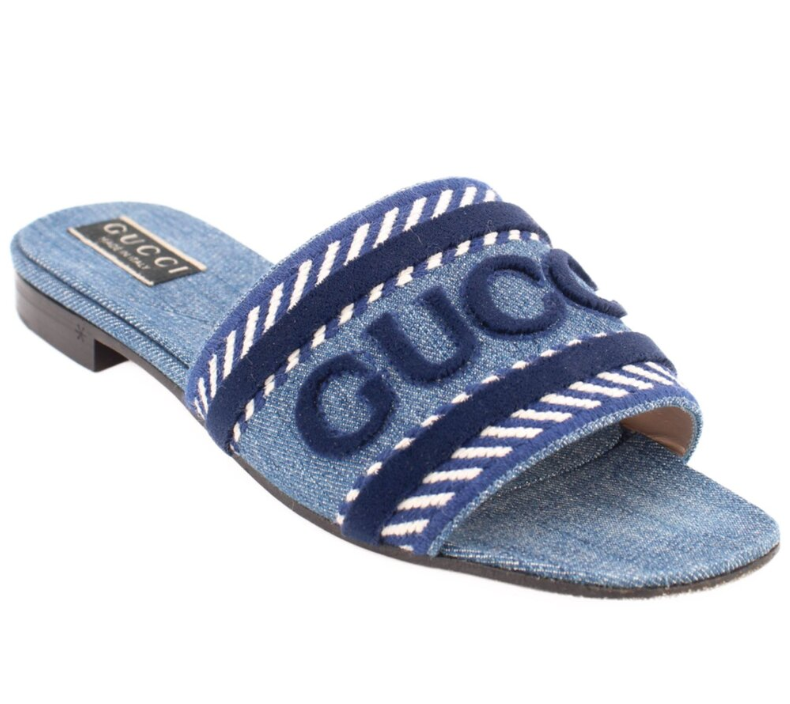 Gucci Denim Blue Logo Flat Slide Sandals with Contrast Trim (Clearance Sale)